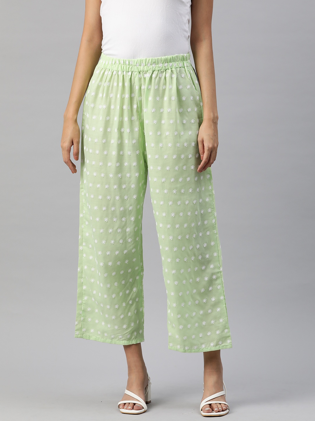 

SWI Stylish Women Floral Embroidered Ethnic Cotton Palazzos, Green