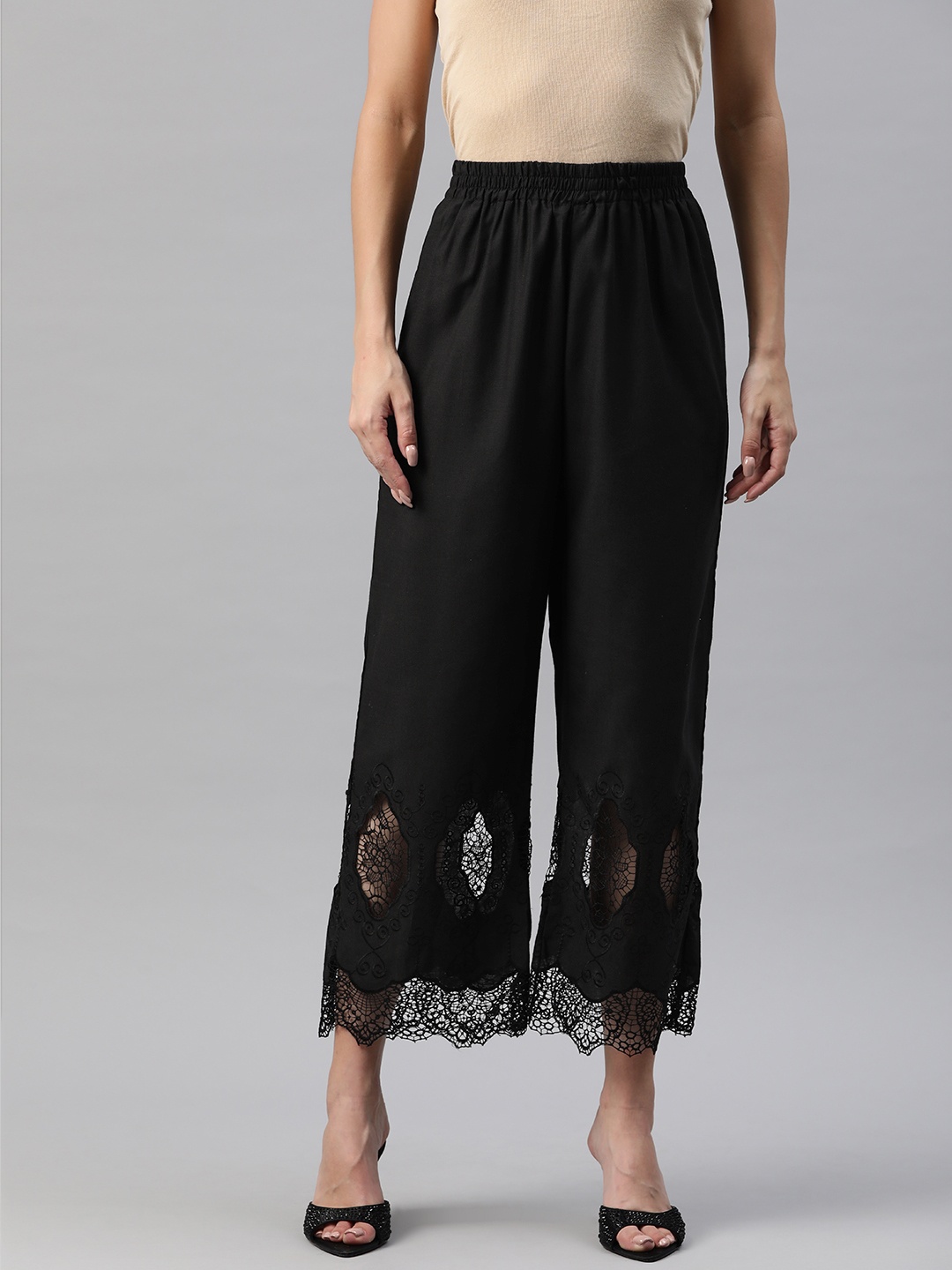 

SWI Stylish Women Ethnic Motifs Embroidered Ethnic Cotton Palazzos, Black