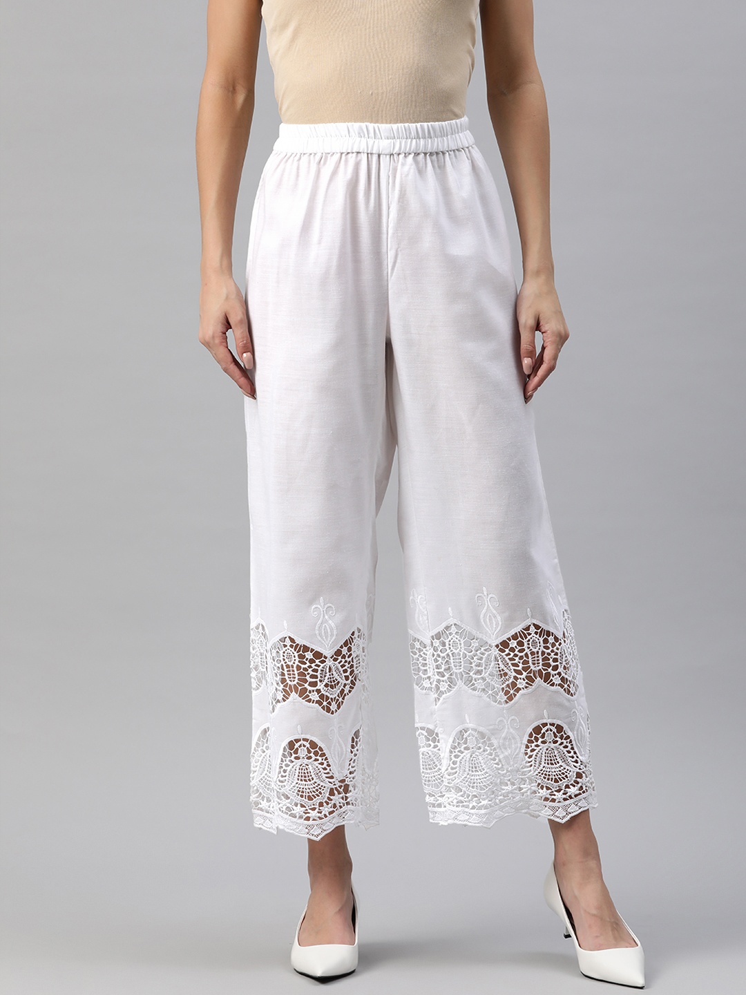 

SWI Stylish Women Ethnic Motifs Embroidered Ethnic Cotton Palazzos, White