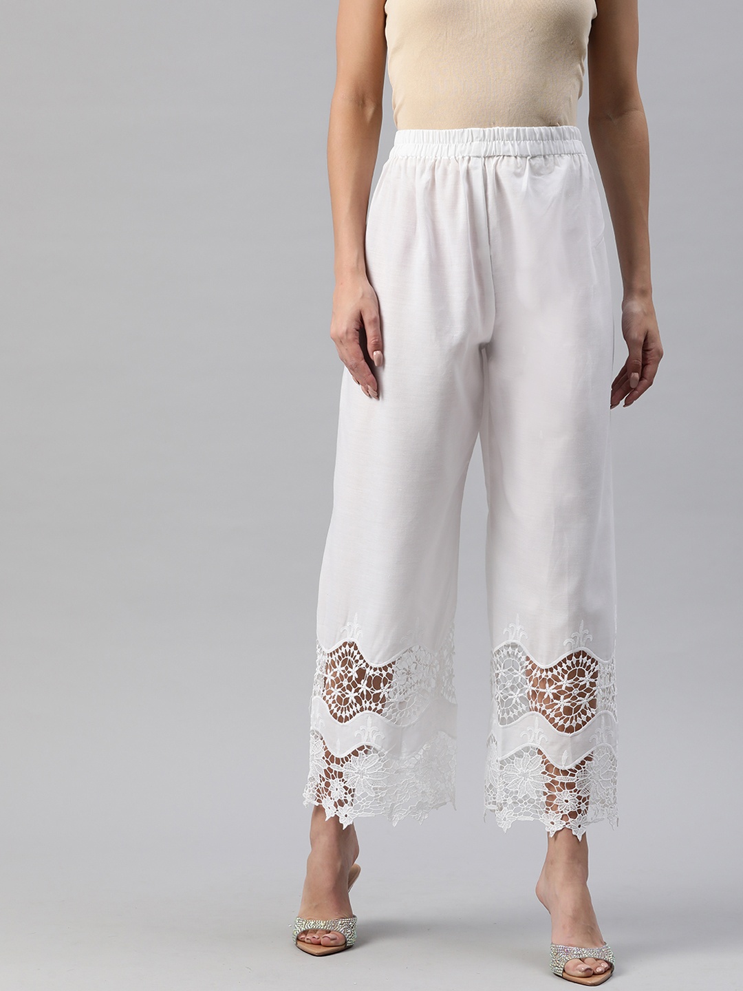 

SWI Stylish Women Floral Embroidered Ethnic Cotton Palazzos, White