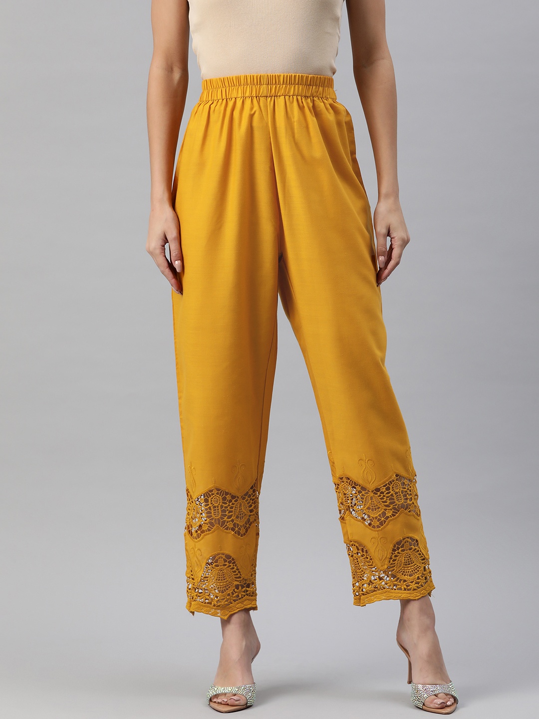 

SWI Stylish Women Ethnic Motifs Embroidered Ethnic Cotton Palazzos, Mustard