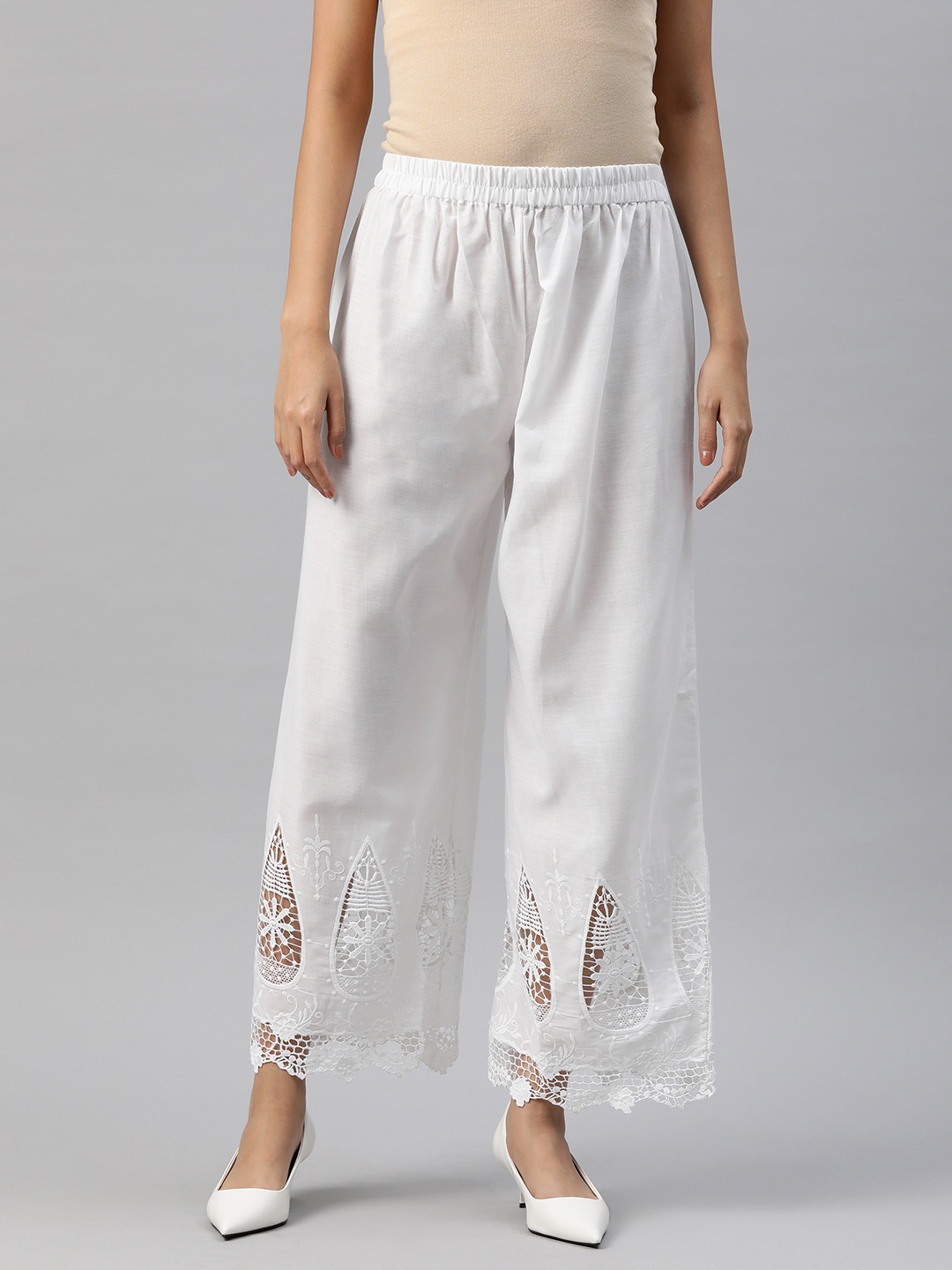 

SWI Stylish Women Ethnic Motifs Embroidered Ethnic Cotton Palazzos, White