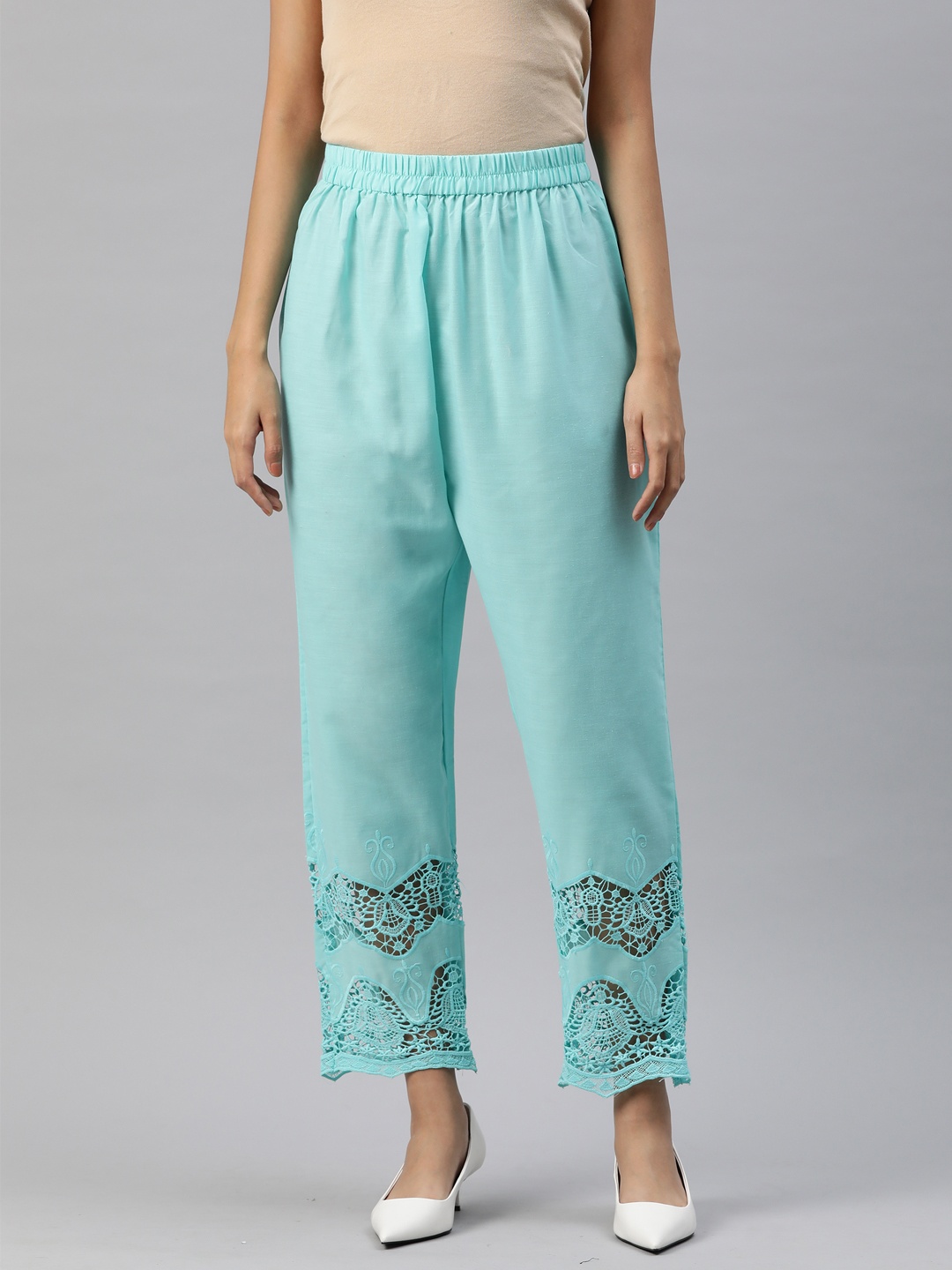 

SWI Stylish Women Ethnic Motifs Embroidered Ethnic Cotton Palazzos, Turquoise blue