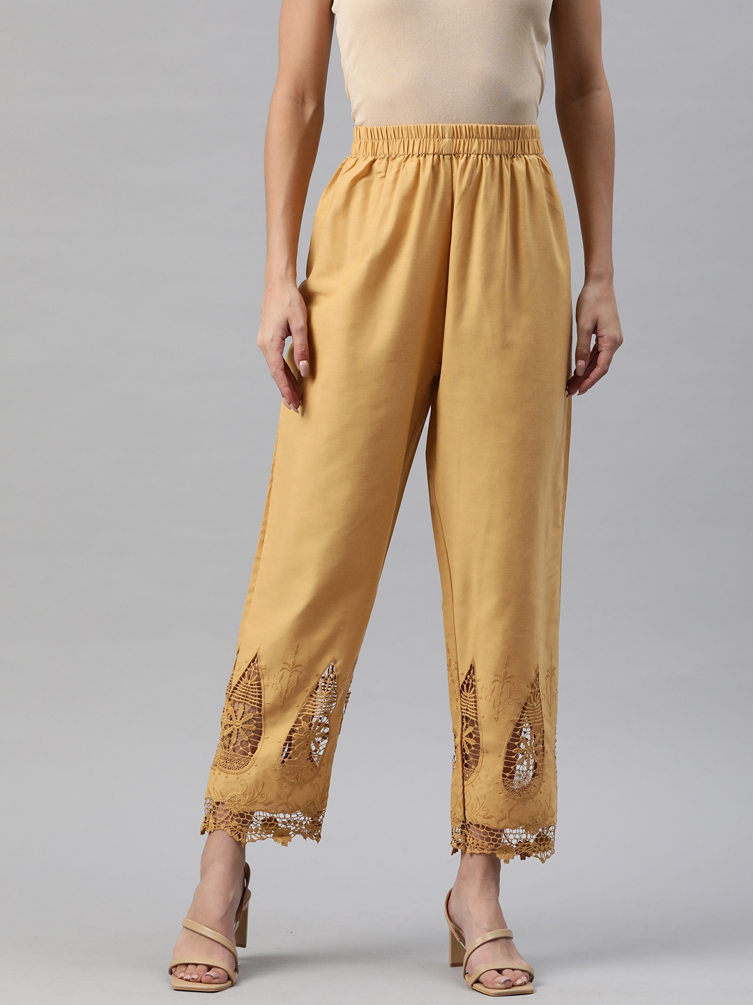

SWI Stylish Women Floral Embroidered Ethnic Cotton Palazzos, Beige