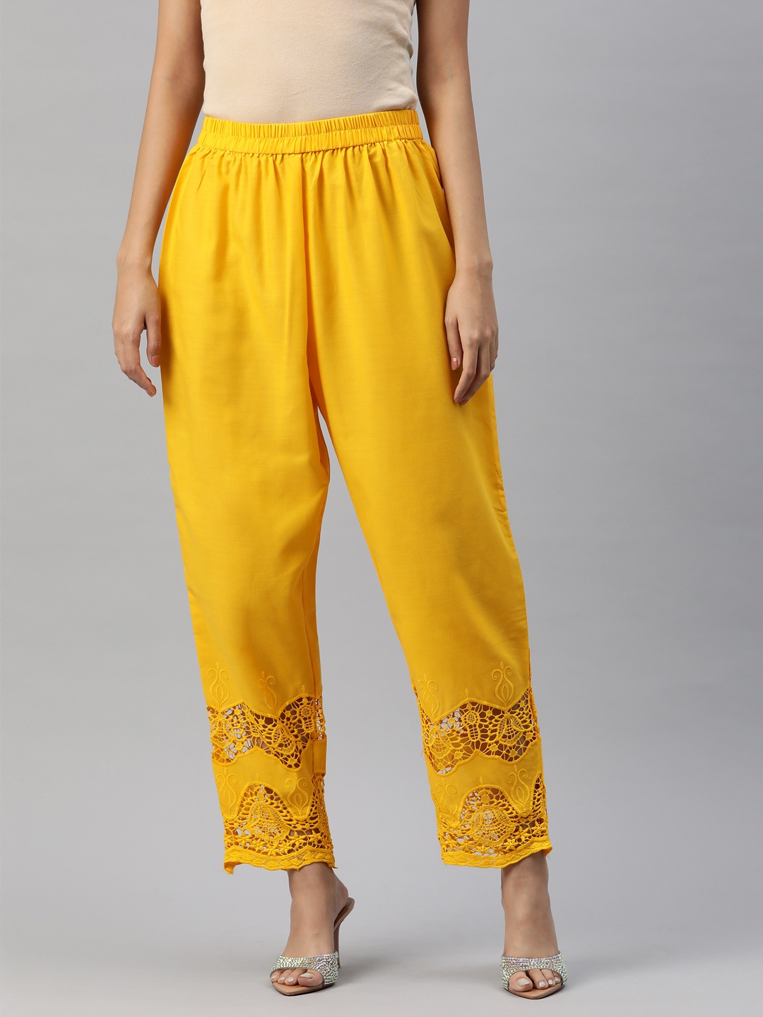 

SWI Stylish Women Ethnic Motifs Hem Design Ethnic Cotton Palazzos, Yellow