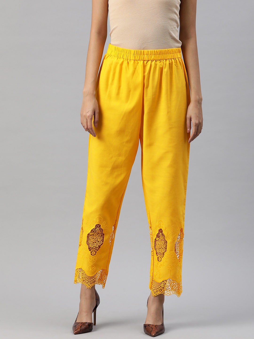 

SWI Stylish Women Ethnic Motifs Hem Design Ethnic Cotton Palazzos, Yellow