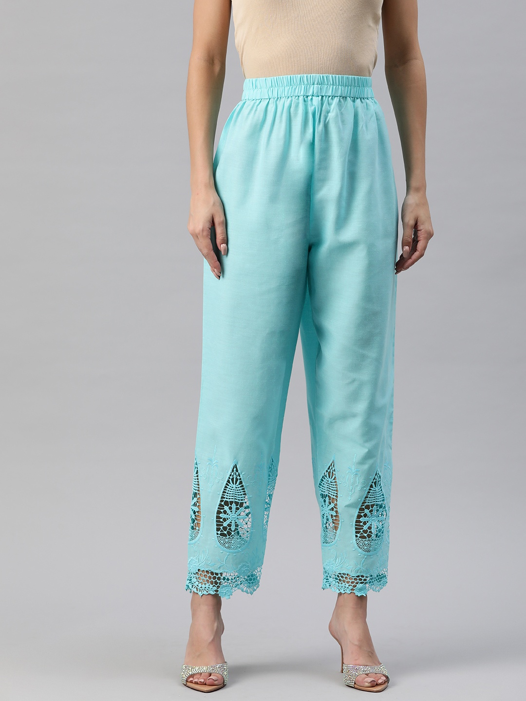 

SWI Stylish Women Ethnic Motifs Hem Design Ethnic Cotton Palazzos, Turquoise blue