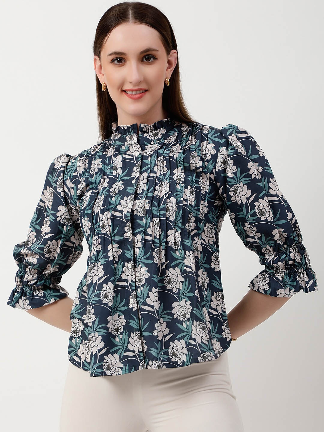 

LVOVA Floral Printed Mandarin Collar Puff Sleeves Pleated Detailed Top, Navy blue