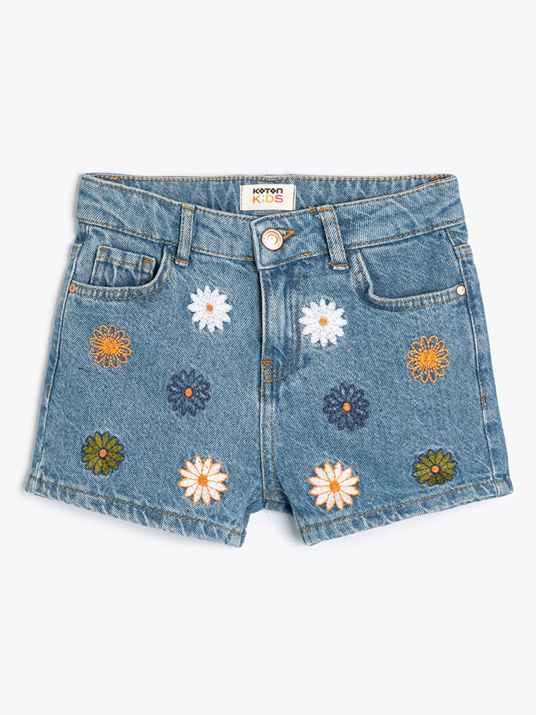 Koton Girls Floral Embroidered Cotton Denim Shorts, Blue