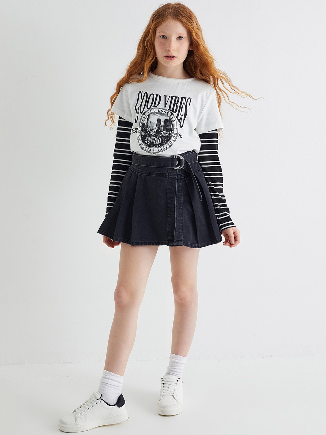 

Koton Girls Belted Pure Cotton Denim Skorts, Black