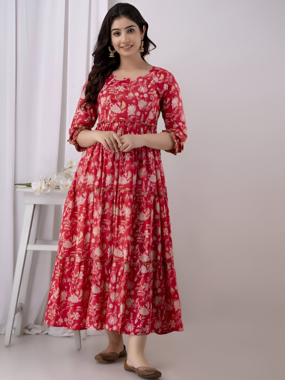 

BAESD Floral Printed Tiered Maxi Ethnic Gown, Red