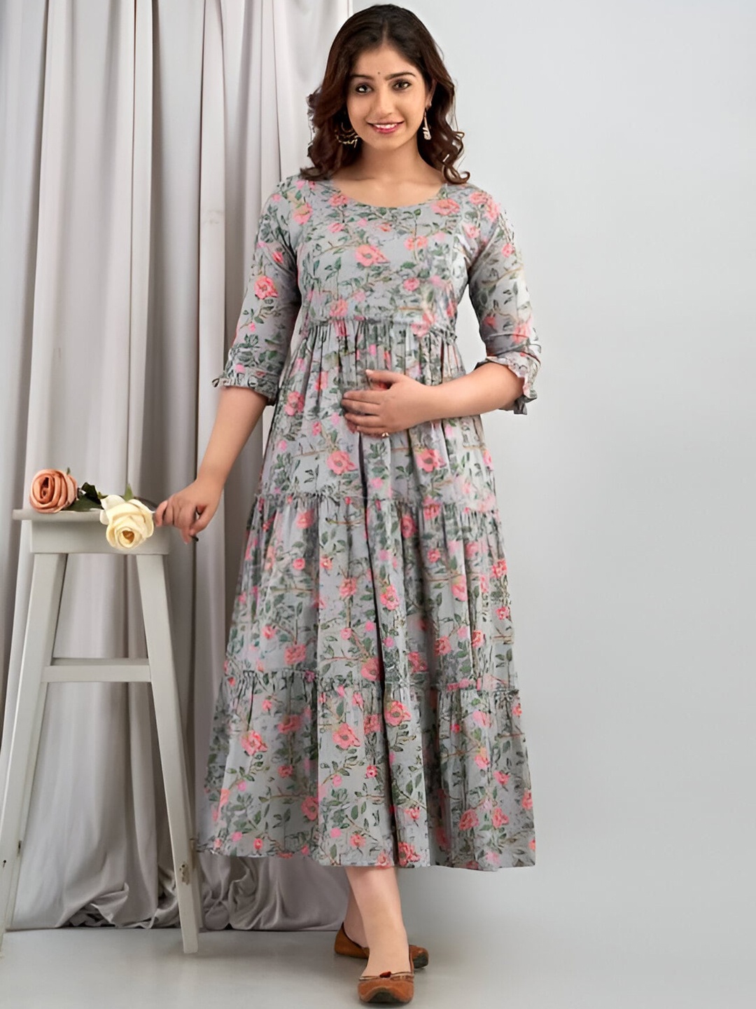 

BAESD Printed Maternity A-Line Maxi Ethnic Dress, Grey