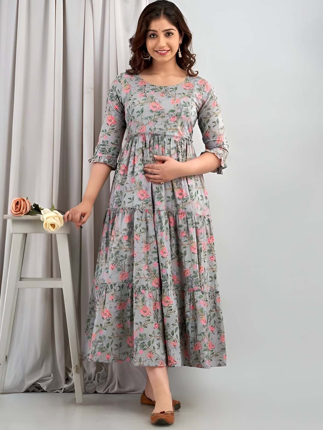 

BAESD Floral Printed Tiered A-Line Ethnic Dresses, Grey