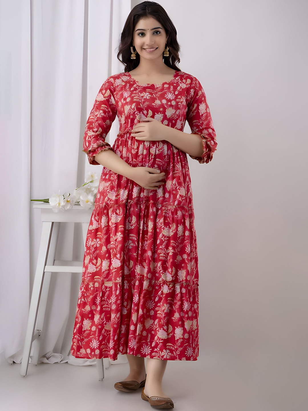 

BAESD Floral Printed Tiered Maternity Fit and Flare Maxi Dress, Red