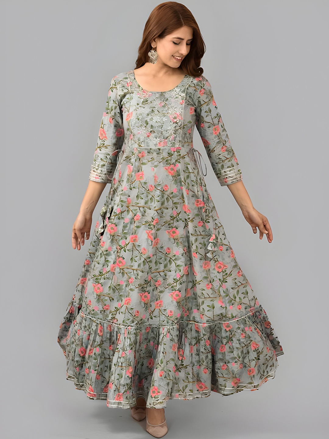 

BAESD Floral Printed Fit & Flare Maxi Ethnic Dress, Green