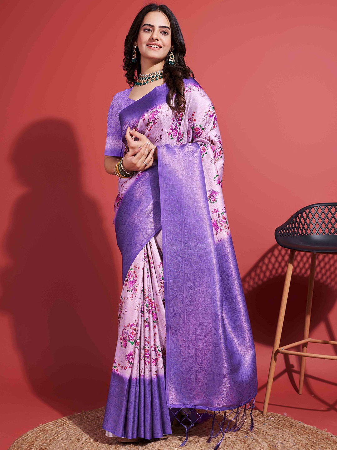 

Mitera Purple Floral Woven Design Zari Saree