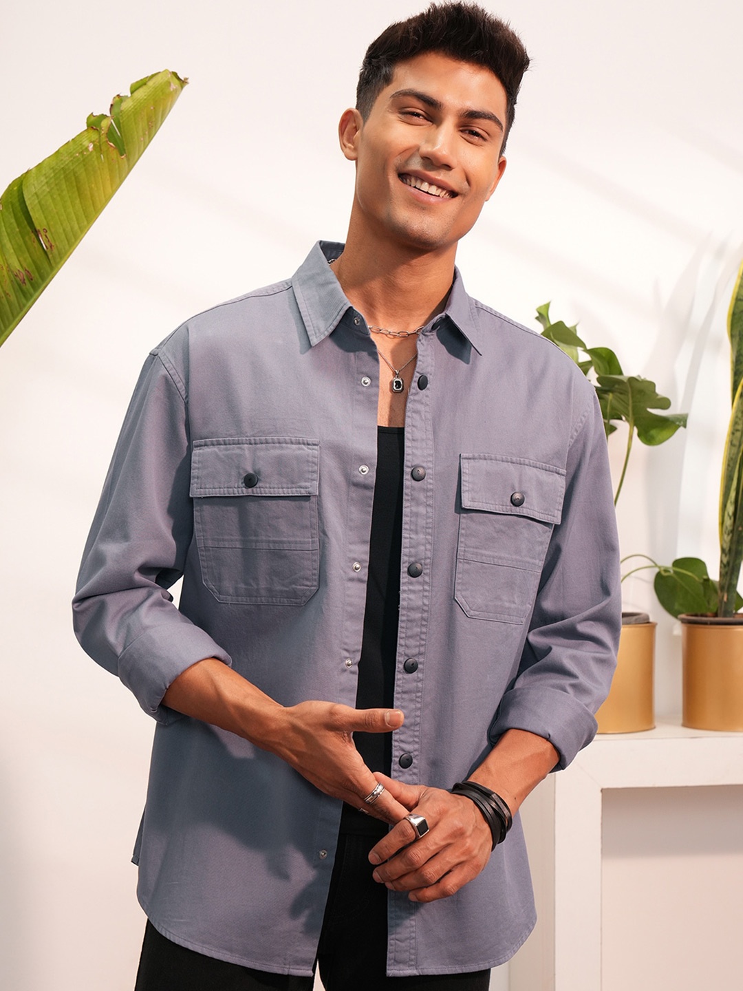 

LOCOMOTIVE Slim Fit Premium Textured Utility Pocket Cotton Overshirt, Grey