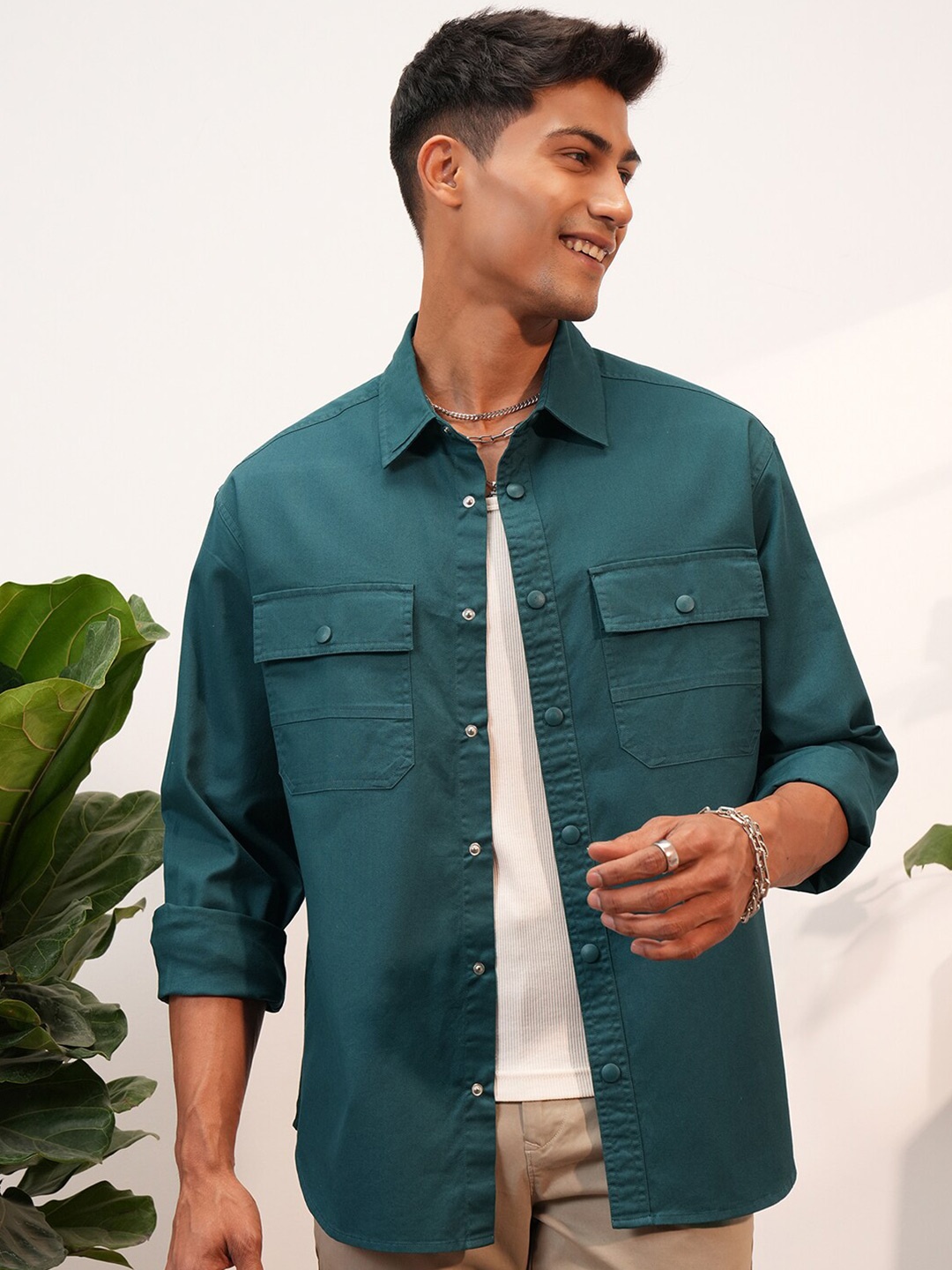 

LOCOMOTIVE Slim Fit Premium Textured Utility Pocket Cotton Overshirt, Teal