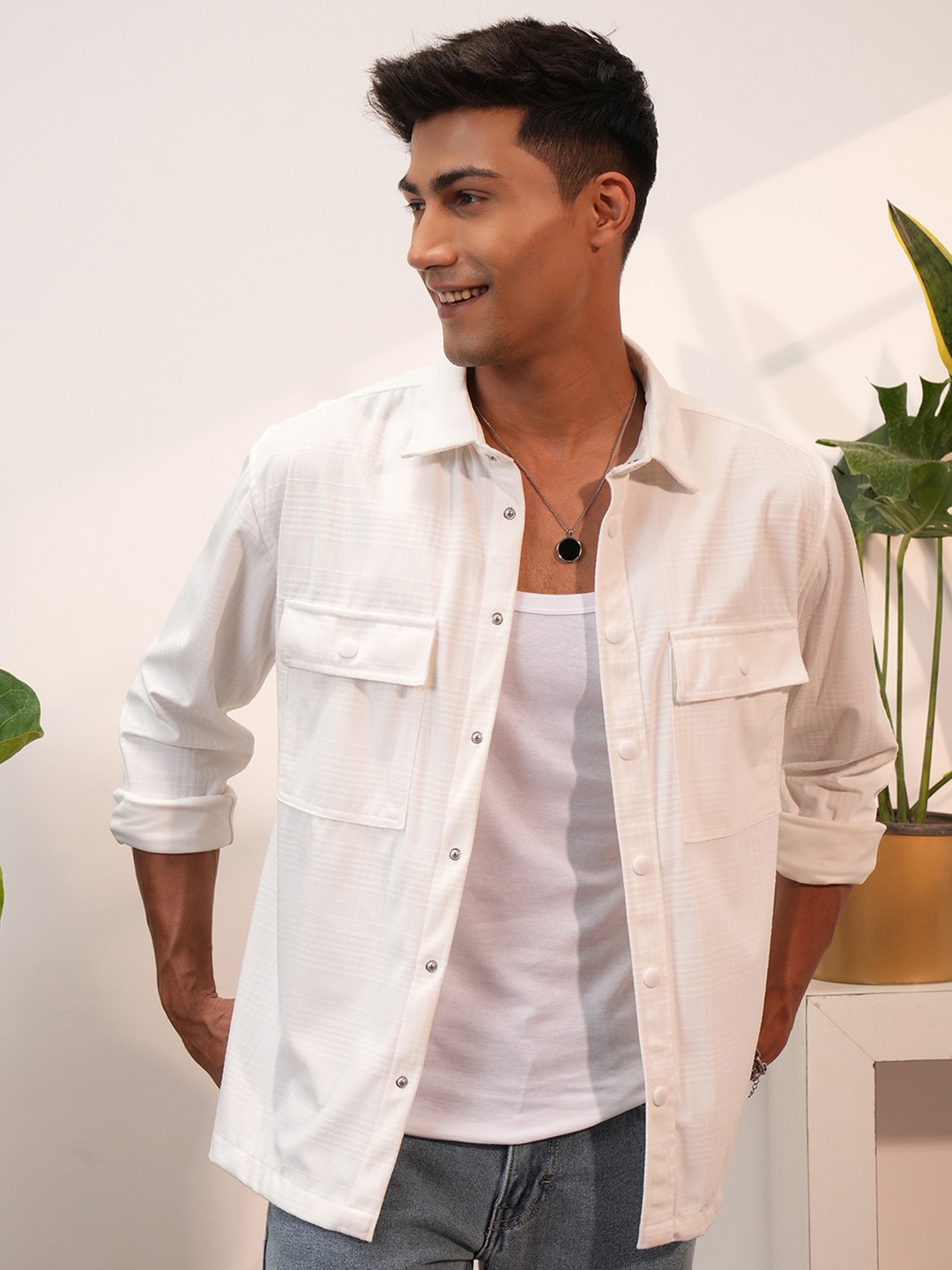 

LOCOMOTIVE Oversized Luxe Corduroy Textured Evening Party Shirt, White