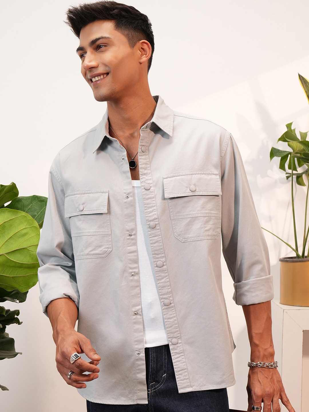 

LOCOMOTIVE Slim Fit Premium Textured Utility Pocket Cotton Overshirt, Grey