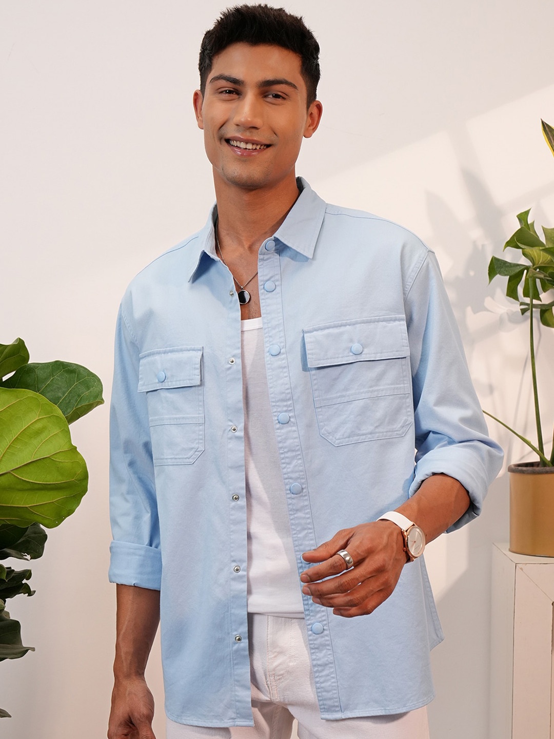

LOCOMOTIVE Slim Fit Premium Textured Utility Pocket Cotton Overshirt, Blue