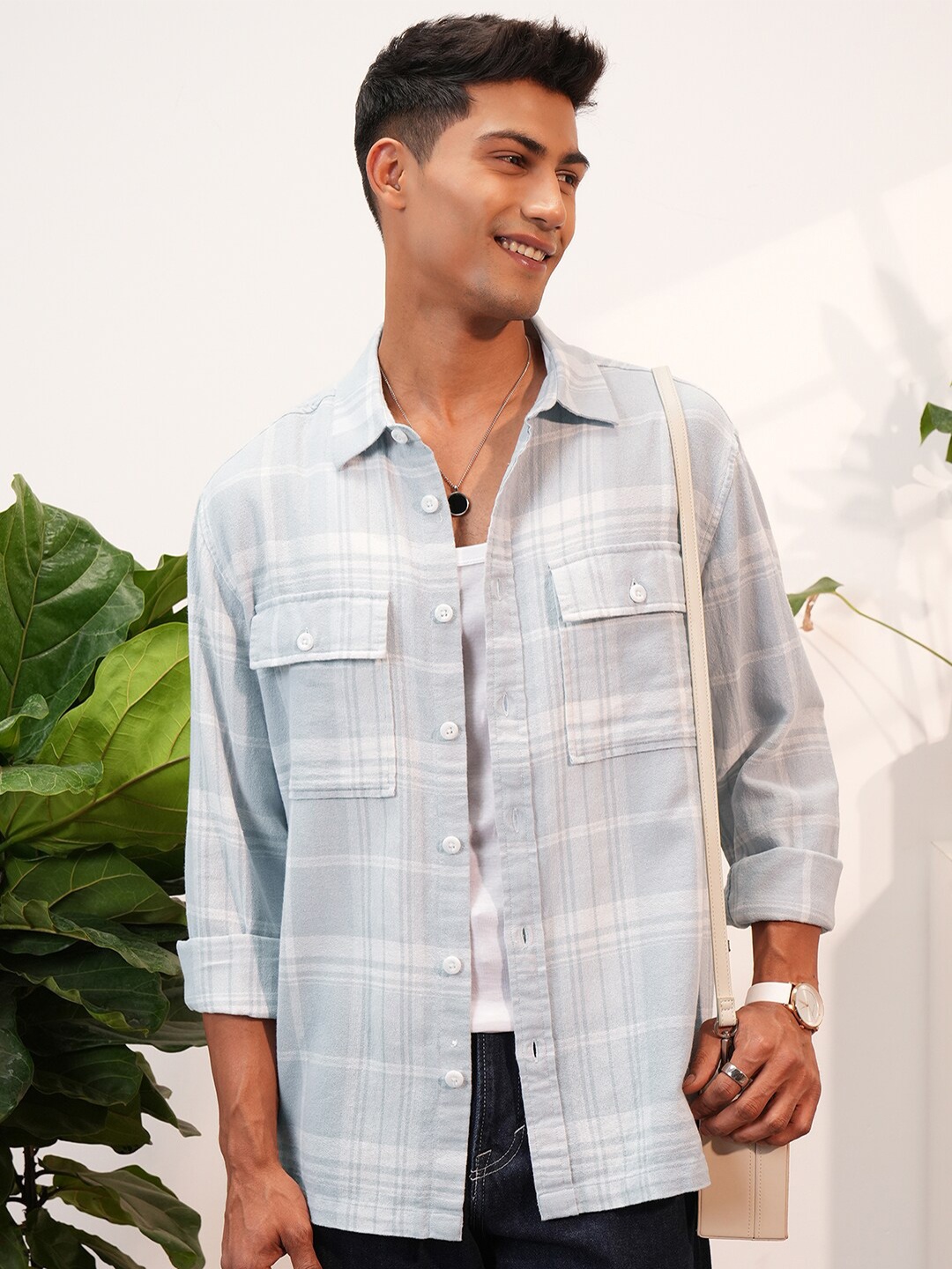 

LOCOMOTIVE Premium Dobby Textured Checked Utility Pocket Oversized Overshirt, Grey