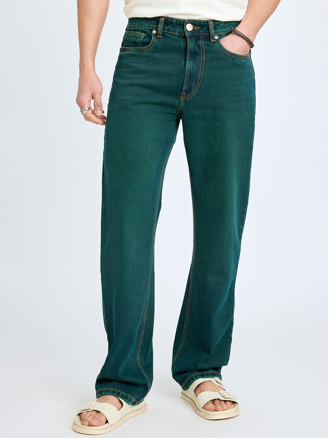 

FREAKINS Men Straight Fit Mid-Rise Clean Look Pure Cotton Jeans, Green
