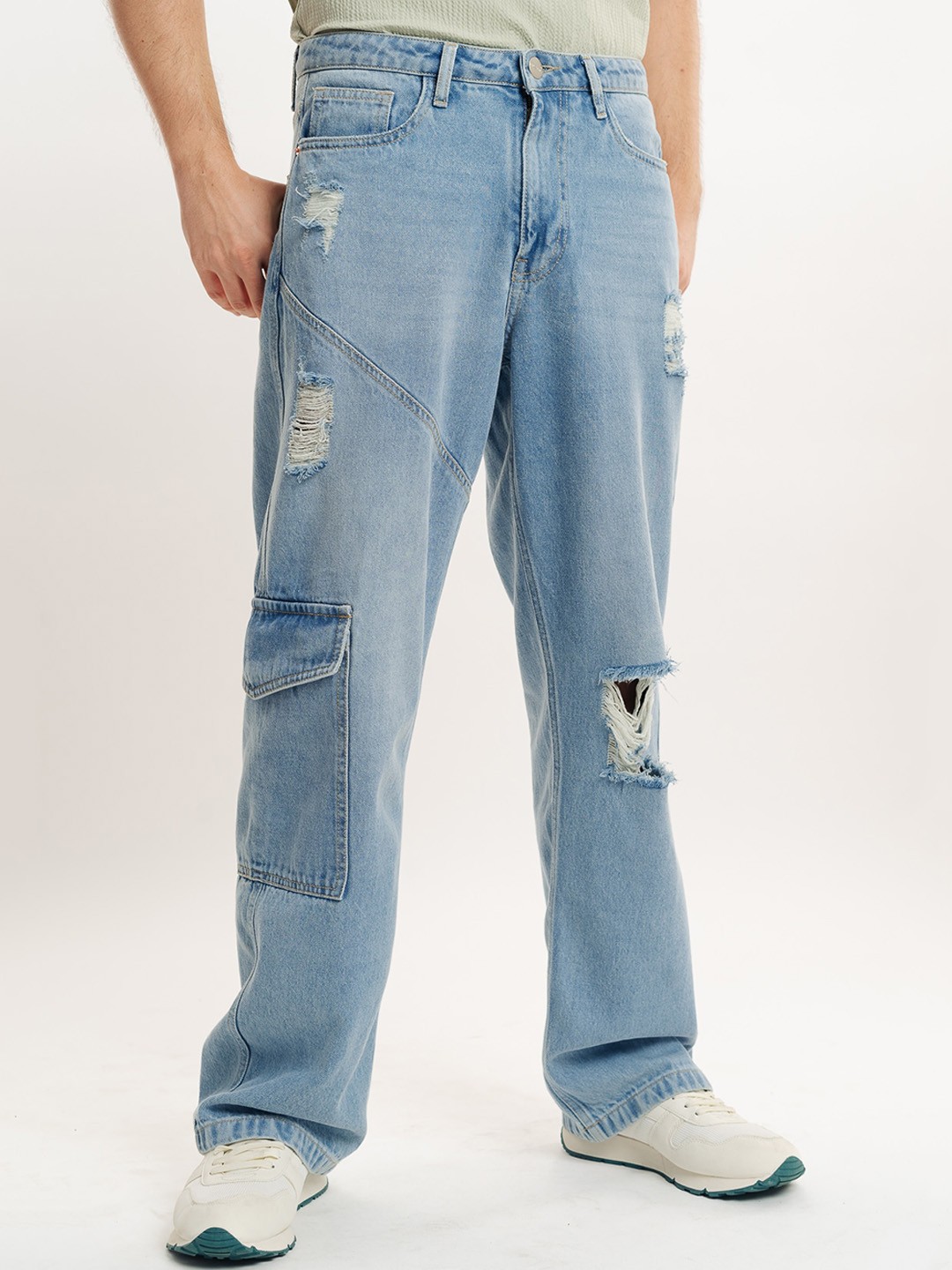 

FREAKINS Men Straight Fit Mid Rise Low Distress Light Fade Pure Cotton Jeans, Blue