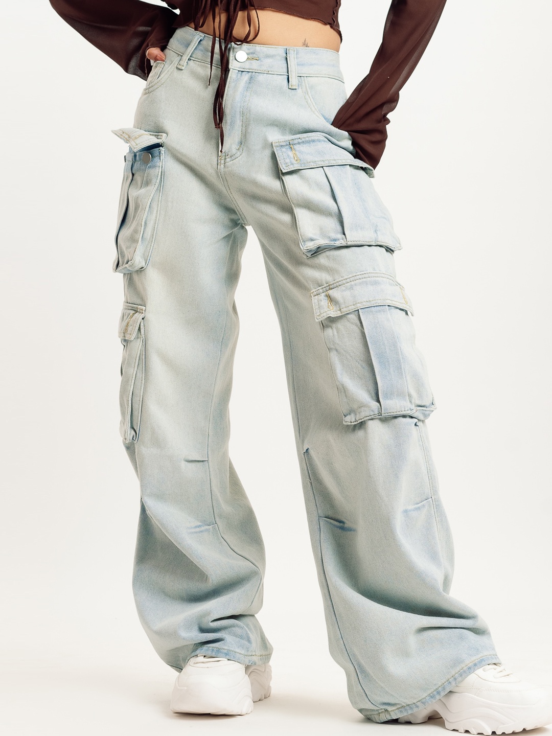 

FREAKINS Women Wide Leg High-Rise Clean Look Pure Cotton Cargo Jeans, Blue