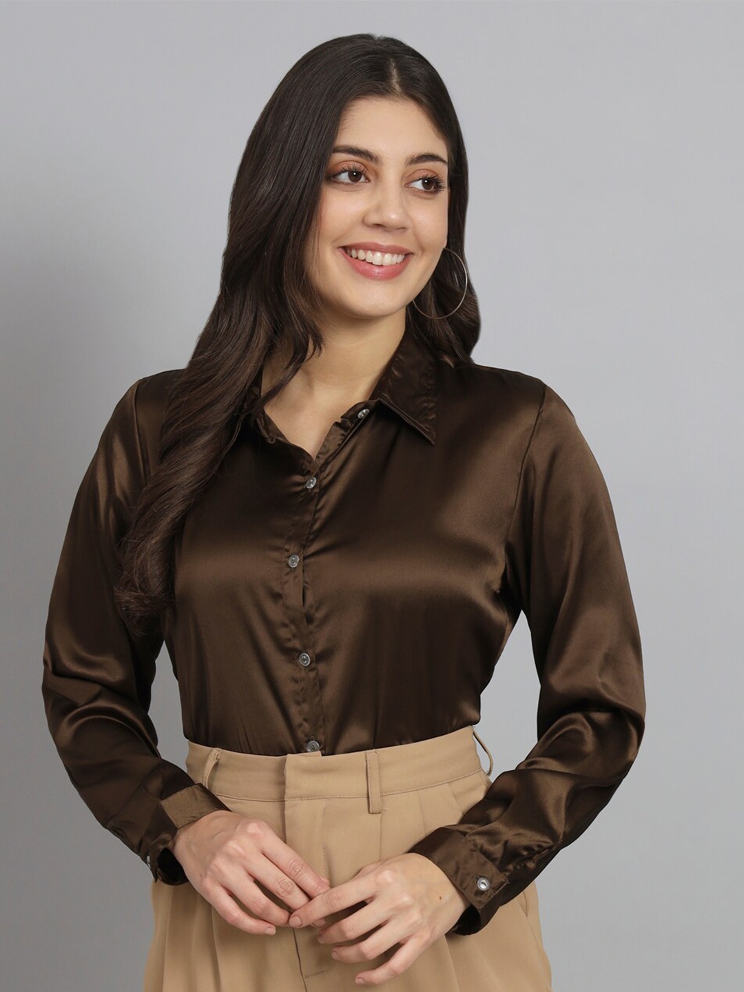 

Funday Fashion Spread Collar Satin Casual Shirt, Brown