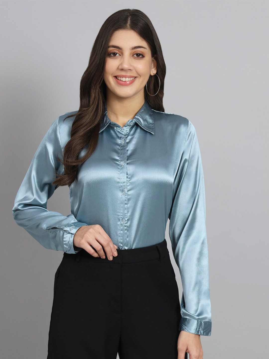 

Funday Fashion Spread Collar Satin Casual Shirt, Blue