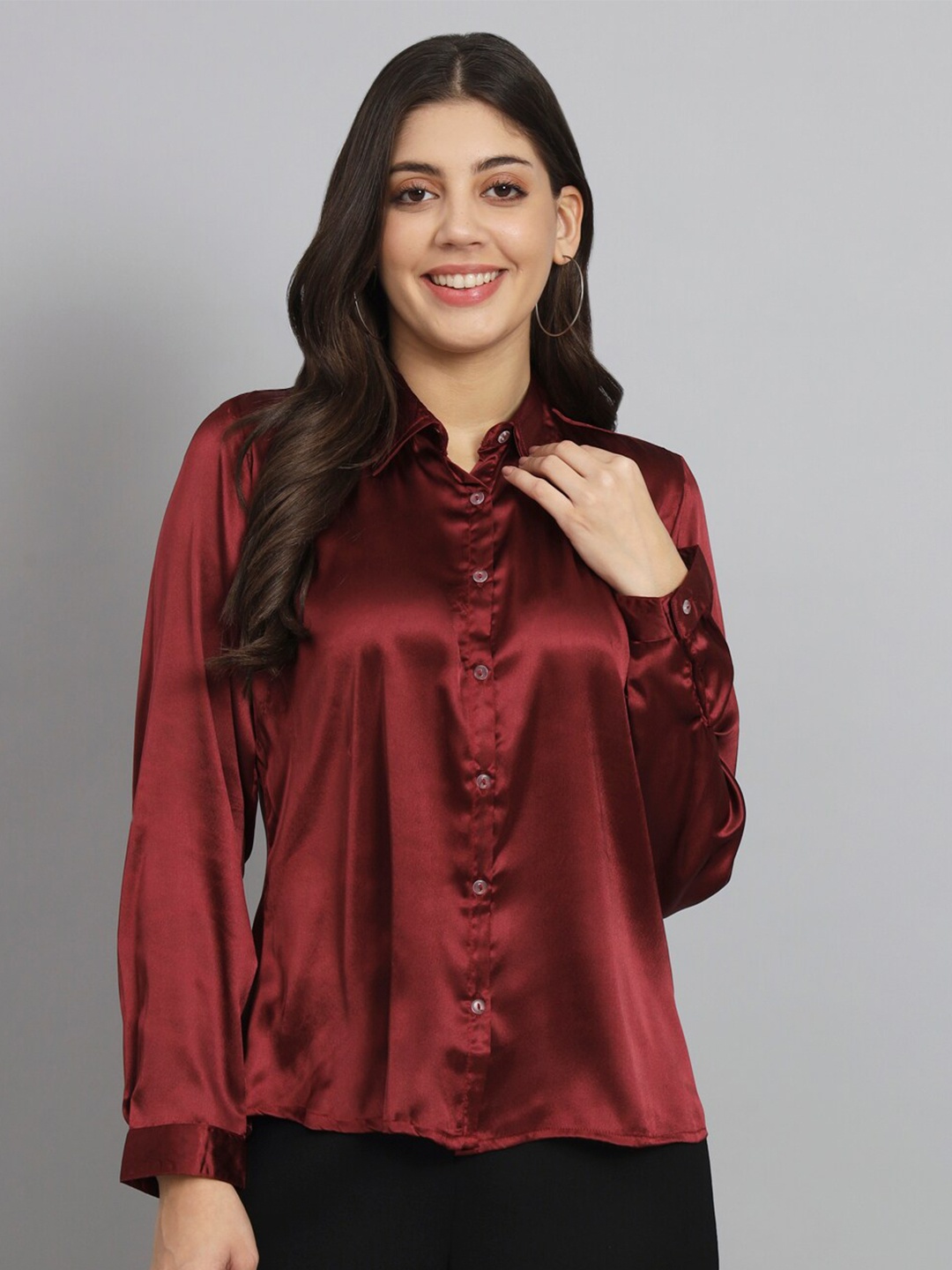 

Funday Fashion Spread Collar Satin Casual Shirt, Maroon