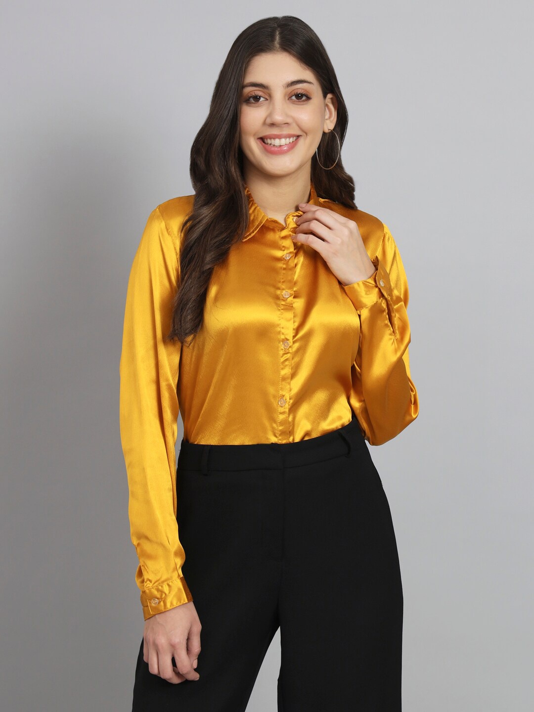 

Funday Fashion Spread Collar Satin Casual Shirt, Mustard