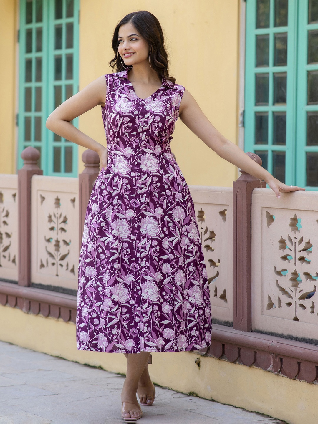 

Nayo Women Floral Printed Sleeveless Midi Fit & Flare Cotton Dress, Purple