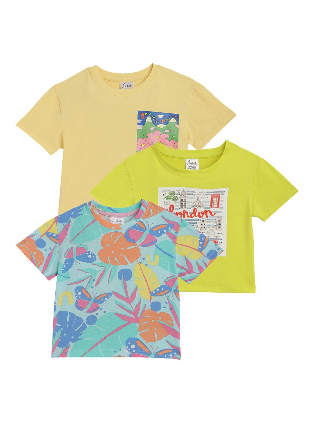 

Anthrilo Girls Pack Of 3 SS24 Printed Round Neck Short Sleeves Cotton Regular T-shirt, Yellow