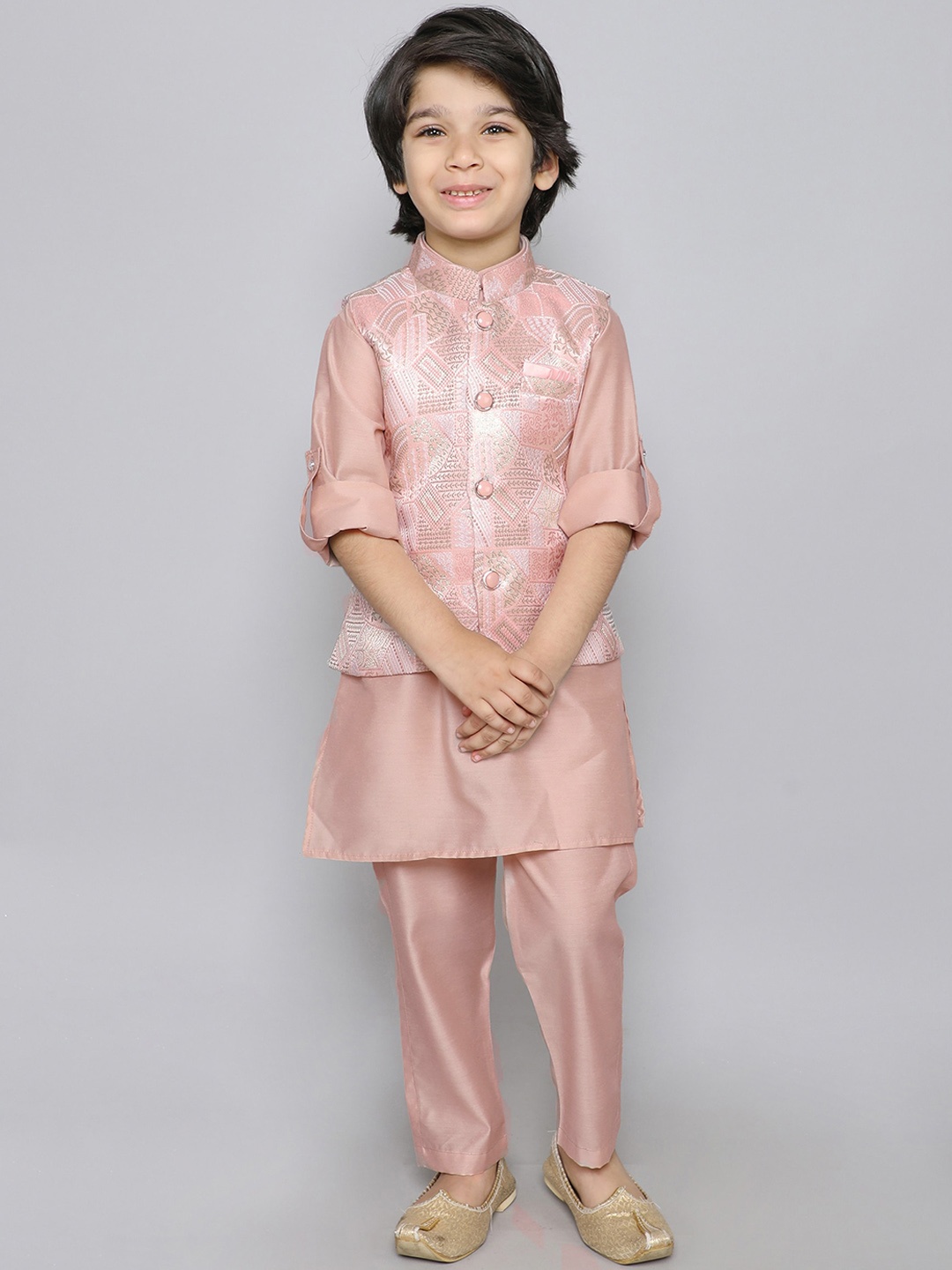 

Ministitch Boys Regular Mandarin Collar Thread Work Kurta with Trousers, Pink