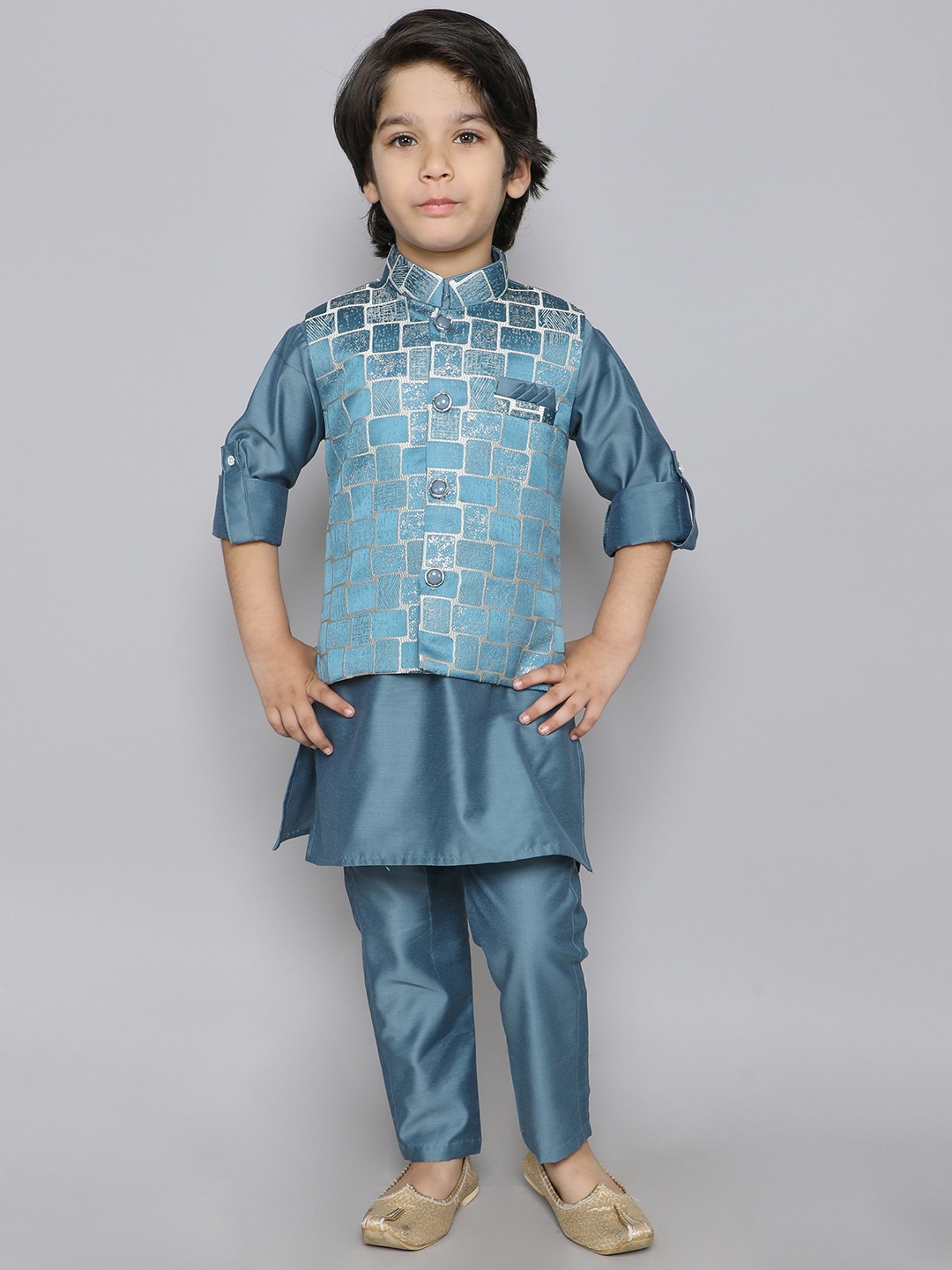 

Ministitch Boys Mandarin Collar Roll-Up Sleeves Straight Kurta Trousers With Jacket, Teal
