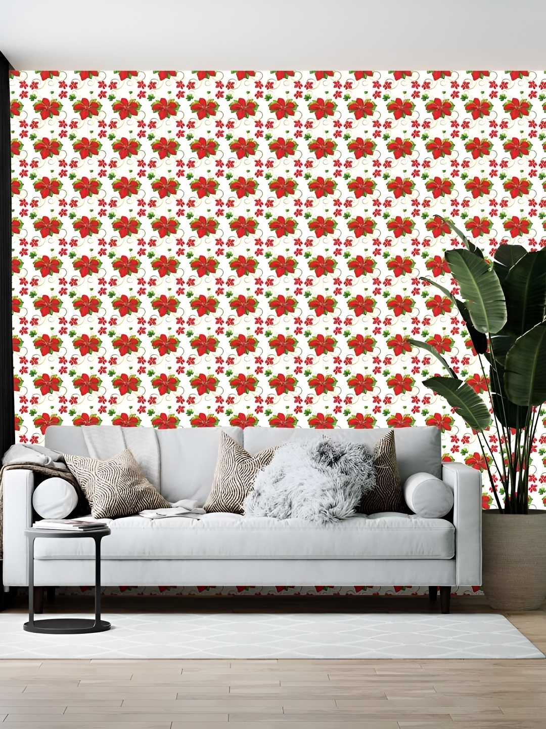 

Wallpics White & Red Floral Printed Wallpaper