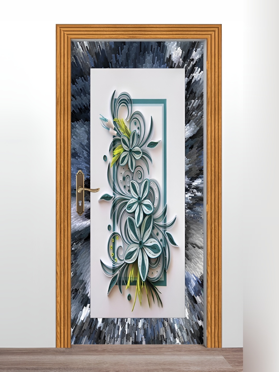 

Wallpics White & Sea Green Floral Printed Self Adhesive Door Sticker