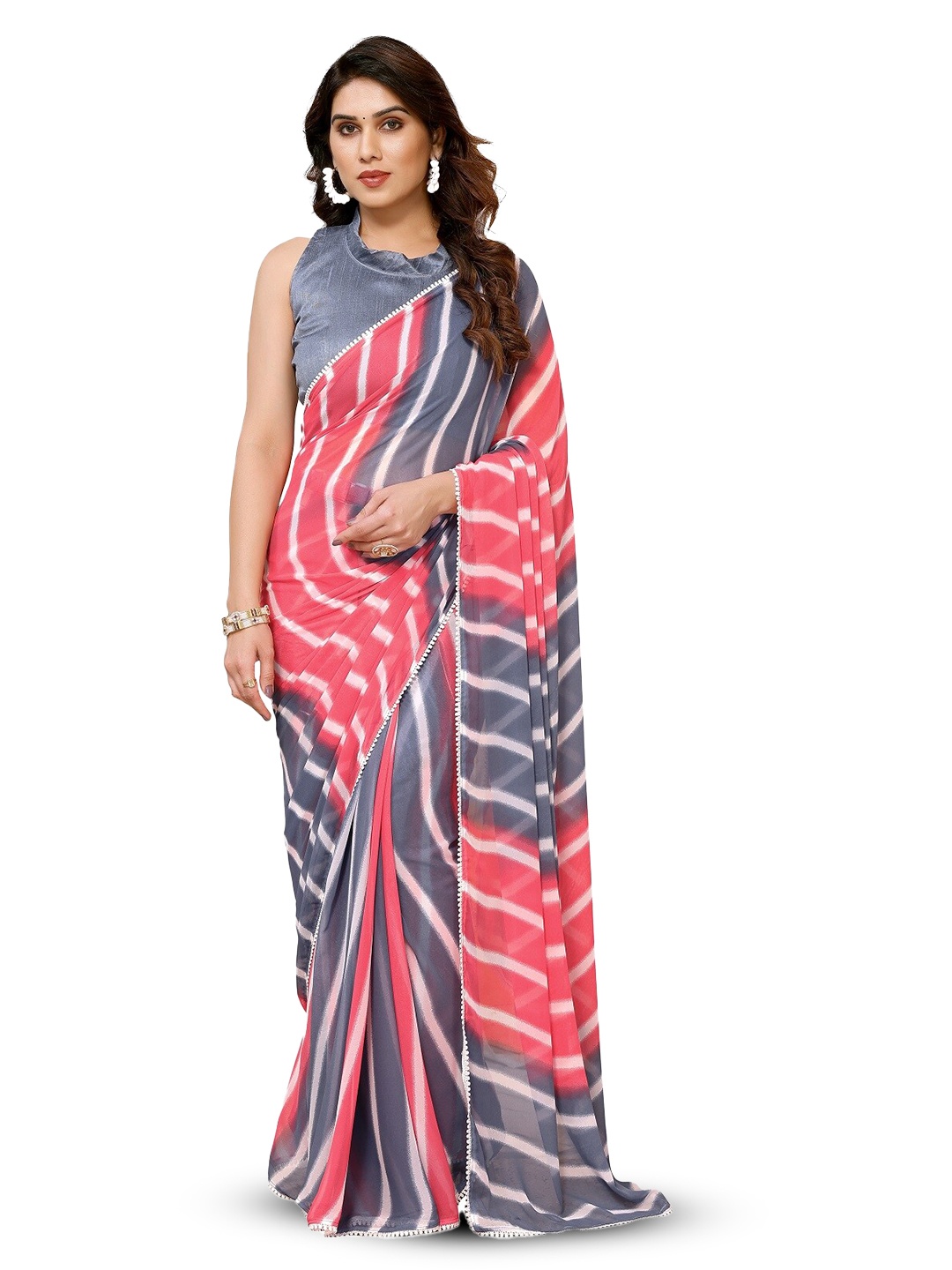 

ROOP SUNDARI SAREES Leheriya Printed Pure Georgette Ready to Wear Saree, Pink