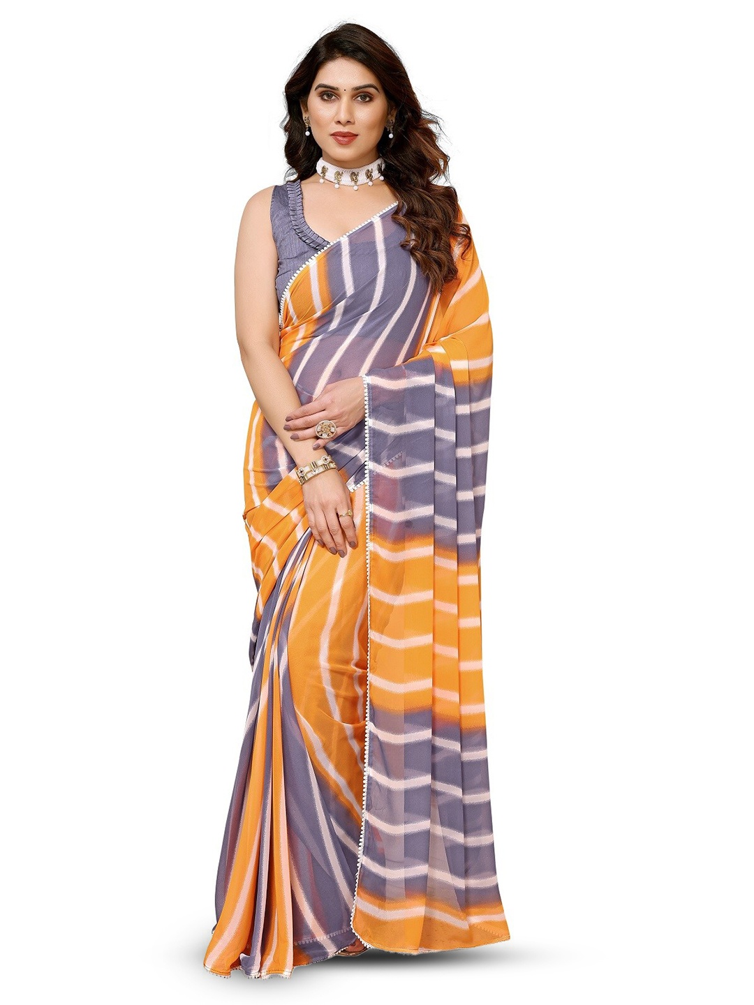 

ROOP SUNDARI SAREES Leheriya Printed Pure Georgette Ready to Wear Saree, Orange