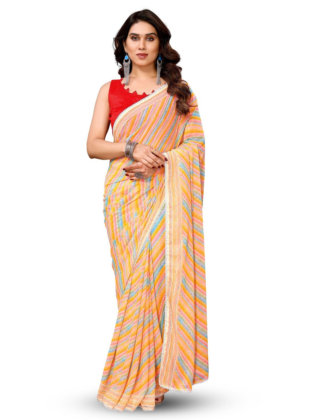 

ROOP SUNDARI SAREES Striped Printed Pure Georgette Ready to Wear Saree, Yellow