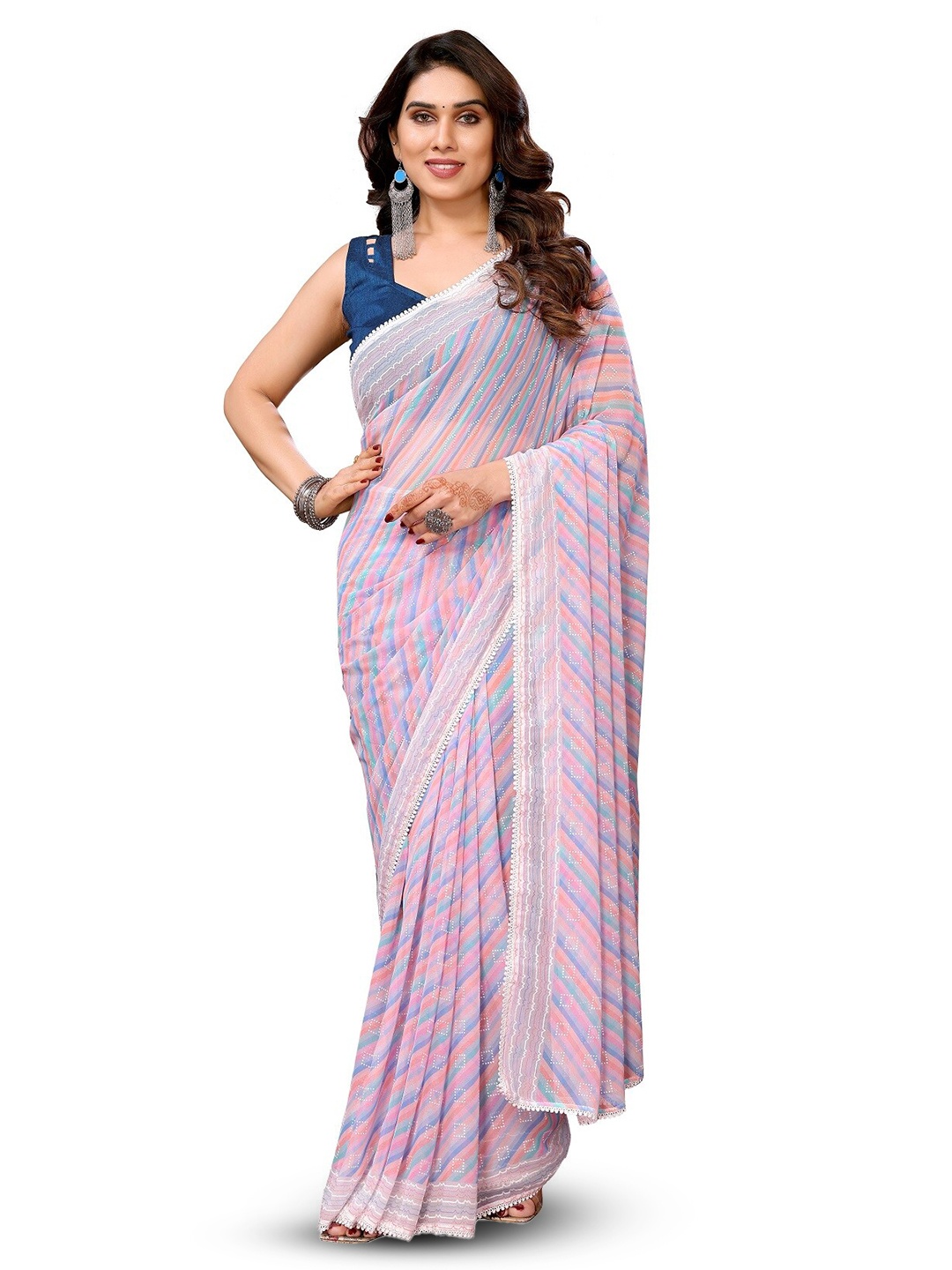 

ROOP SUNDARI SAREES striped Printed Pure Georgette Ready to Wear Saree, Purple