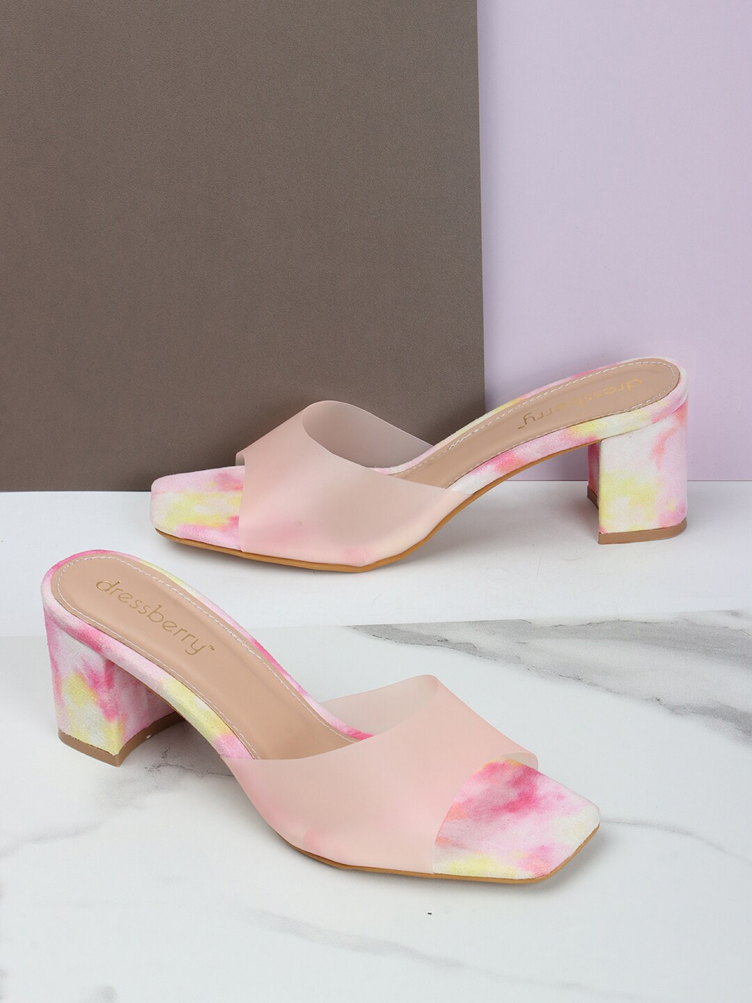 

DressBerry Printed Open Toe Block Heels, Pink