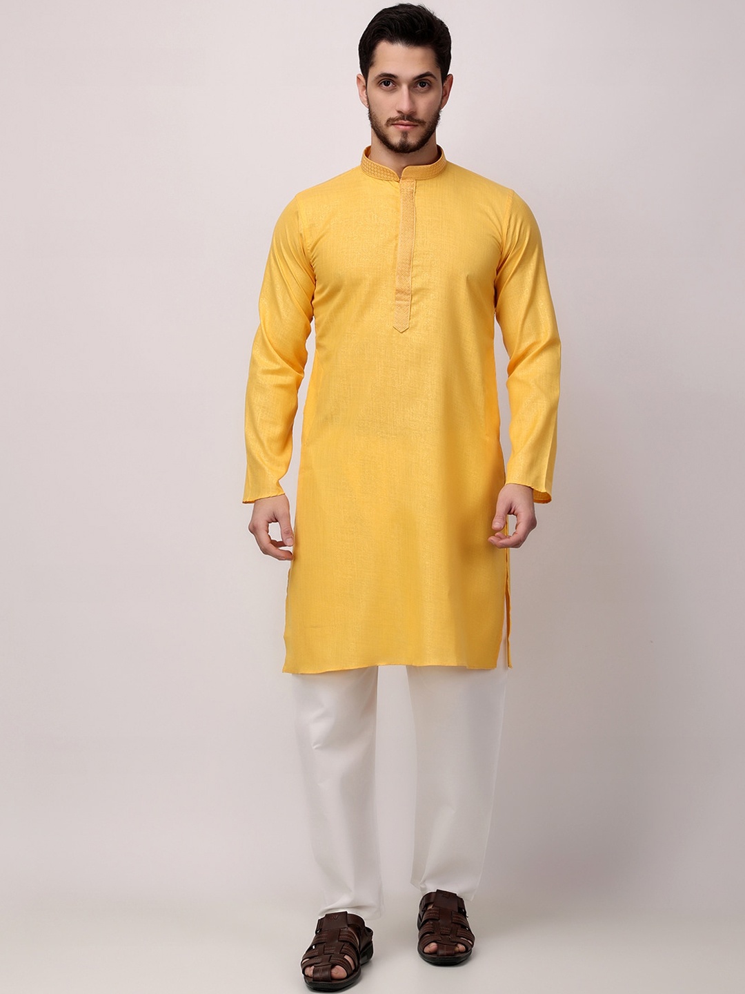 

ROYAL KURTA Mandarin Collar Regular Pure Cotton Kurta with Churidar, Yellow
