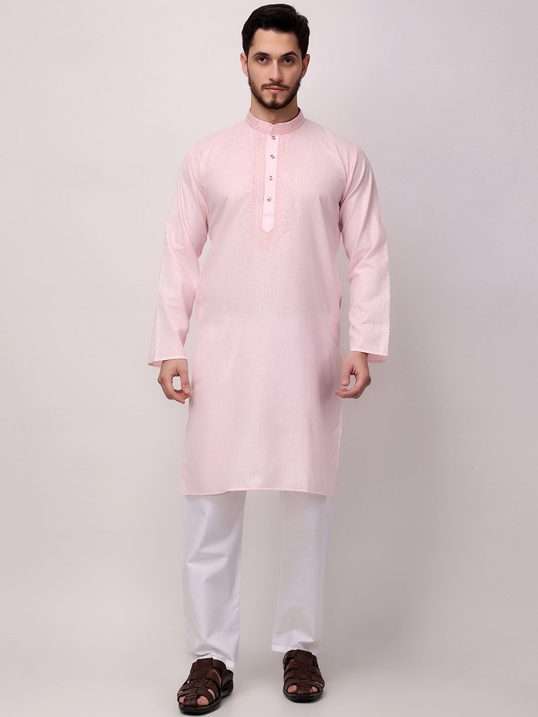 

ROYAL KURTA Embroidered Band Collar Pure Cotton Straight Kurta With Churidar, Pink