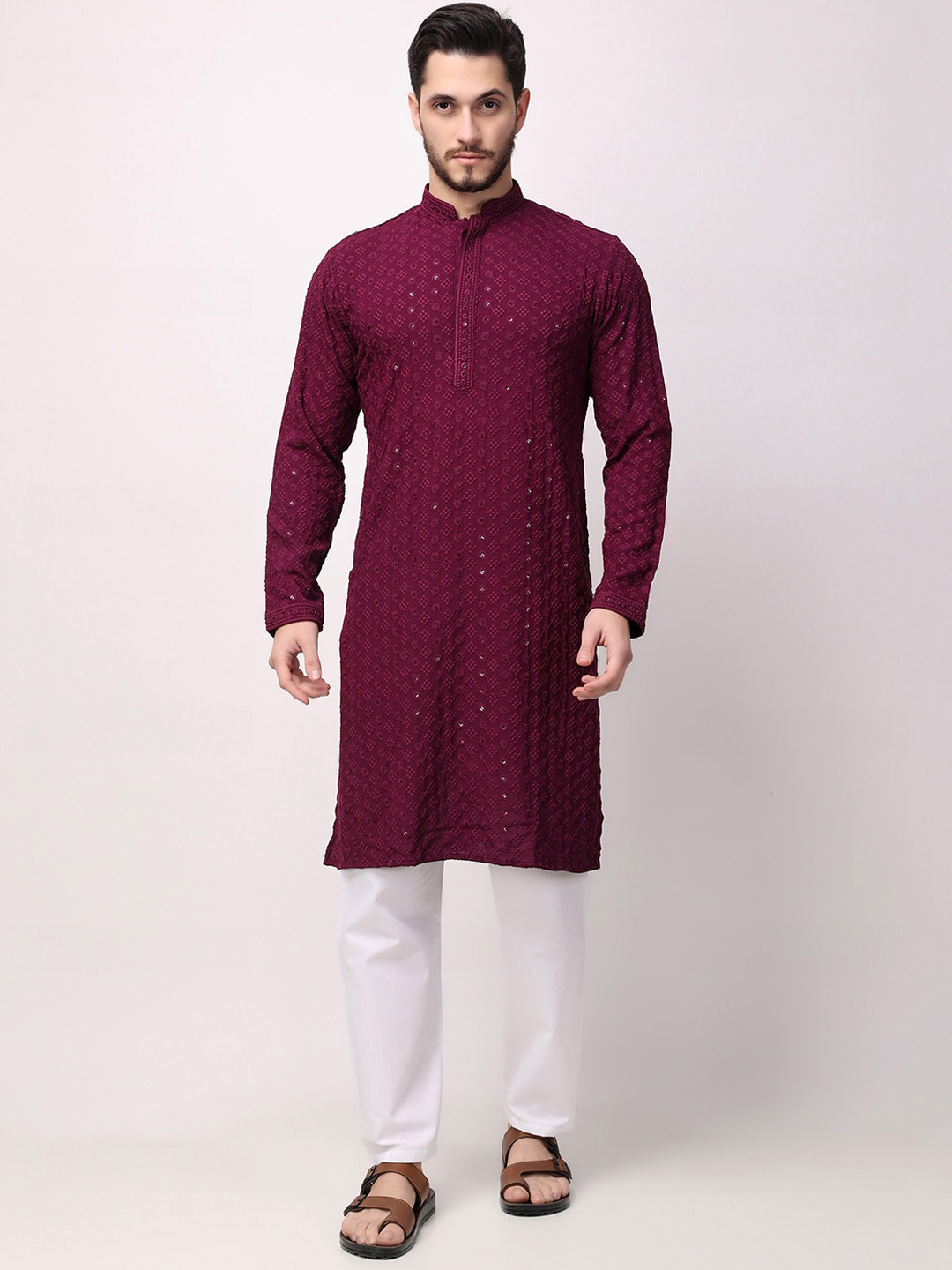 

ROYAL KURTA Floral Embroidered Sequined Kurta with Churidar, Purple