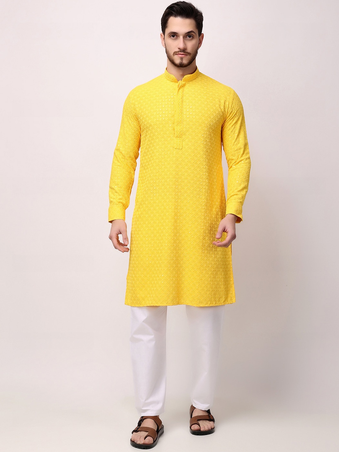 ROYAL KURTA Ethnic Motifs Embroidered Sequined Kurta with Trousers, Yellow