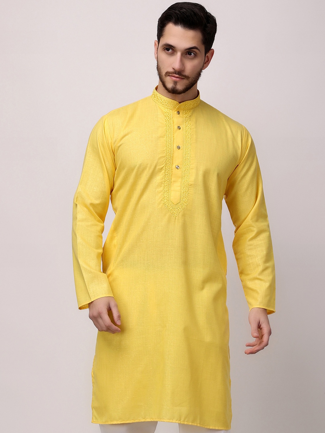 

ROYAL KURTA Yoke Design Thread Work Cotton Straight Kurta, Yellow