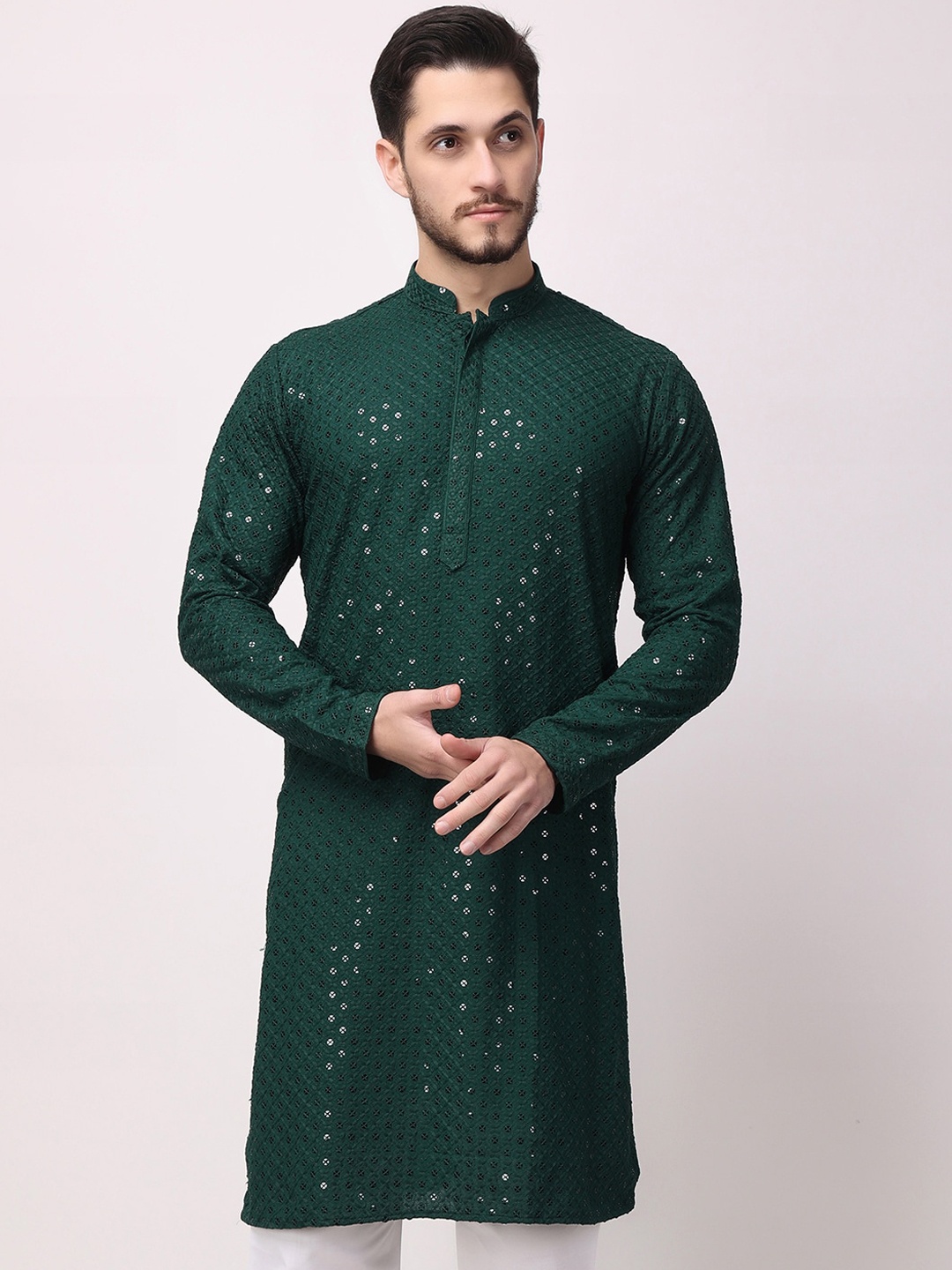 

ROYAL KURTA Mandarin Collar Mirror Work Kurta, Green